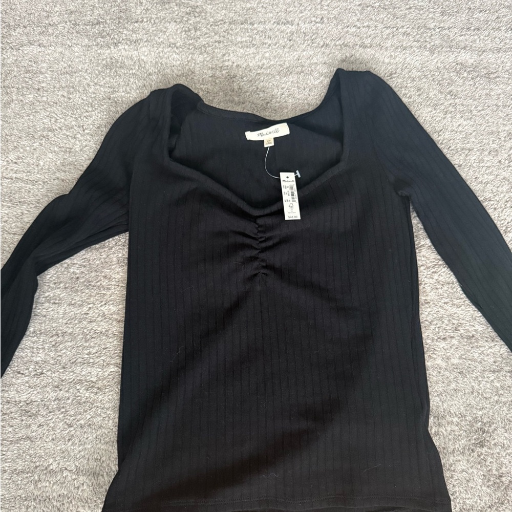 Madewell Black Ribbed Long-Sleeve Sweetheart Neck Top